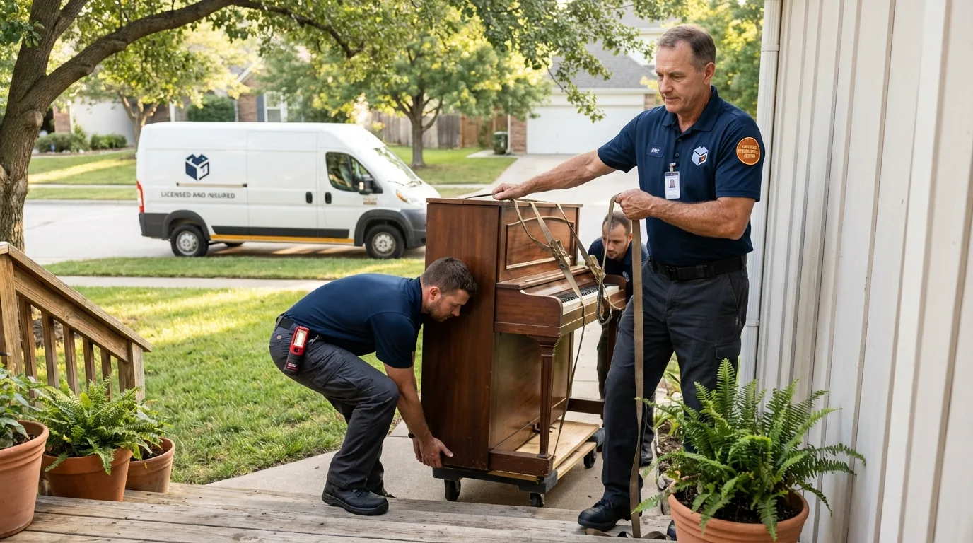 Licensed piano movers securing grand piano in Farmersville, OH