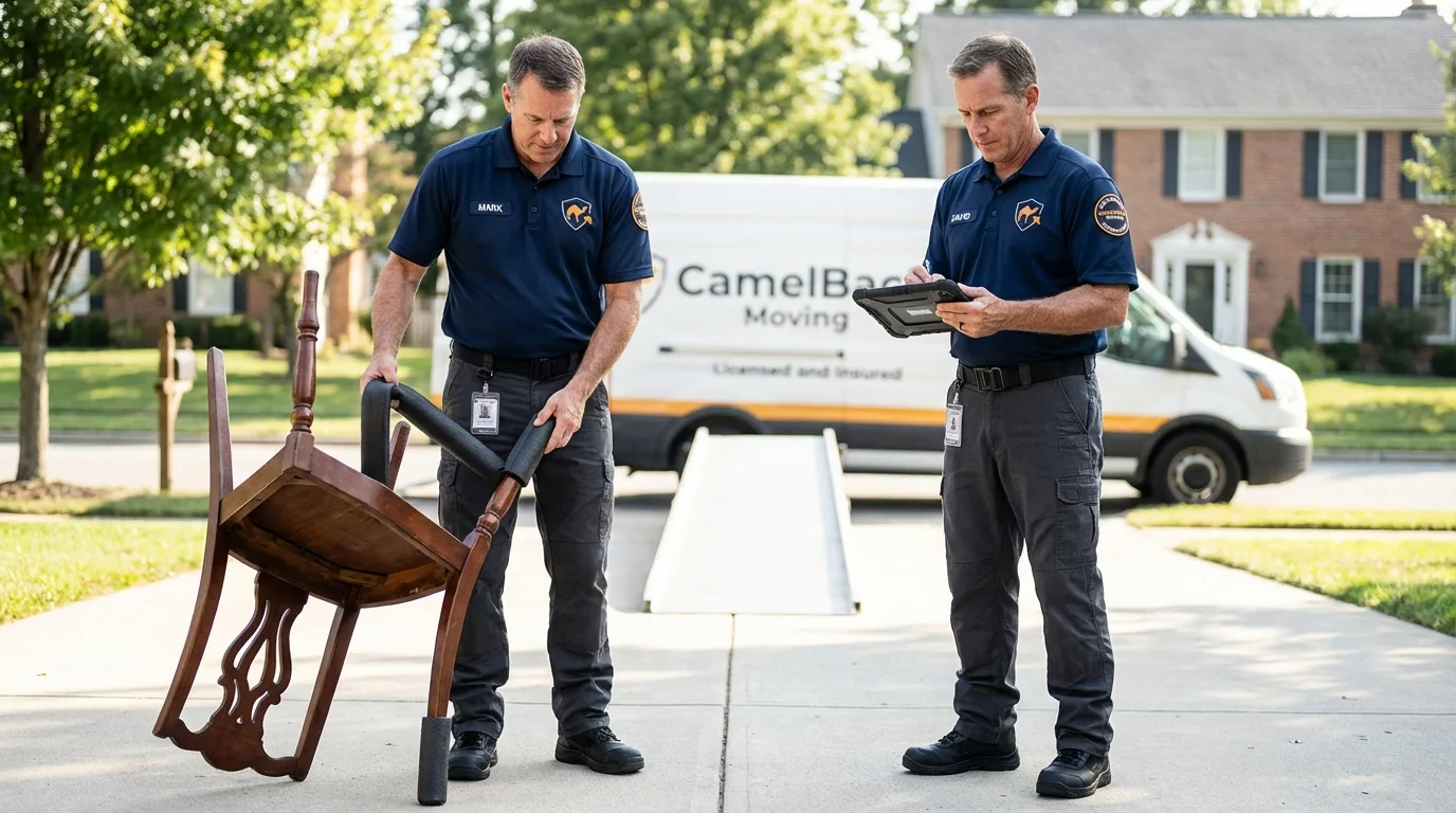 Movers inspecting furniture for damage prevention before loading in Farmersville, OH