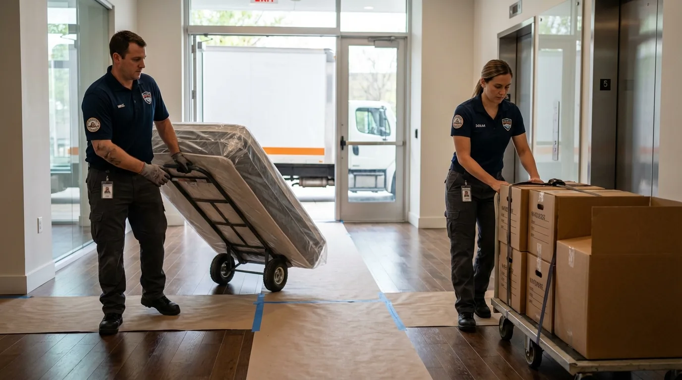Professional apartment movers loading elevator in Farmersville, OH
