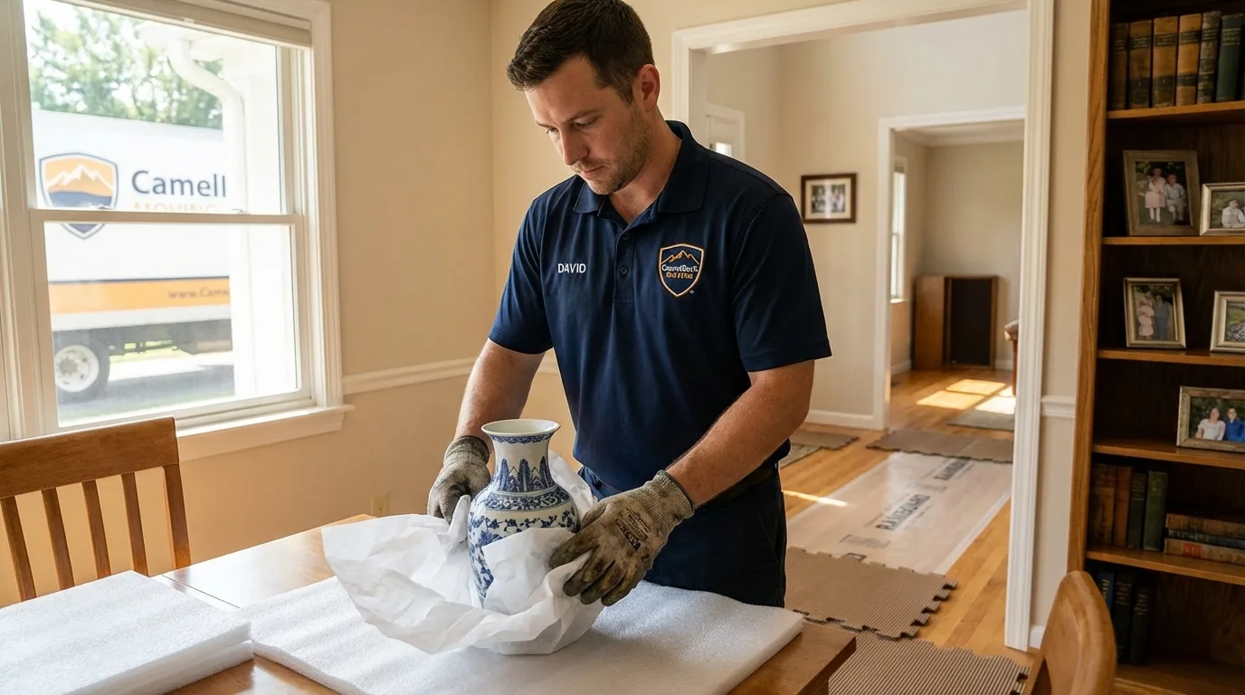 Professional crew carefully wrapping antique vase for senior downsizing move in Farmersville, OH