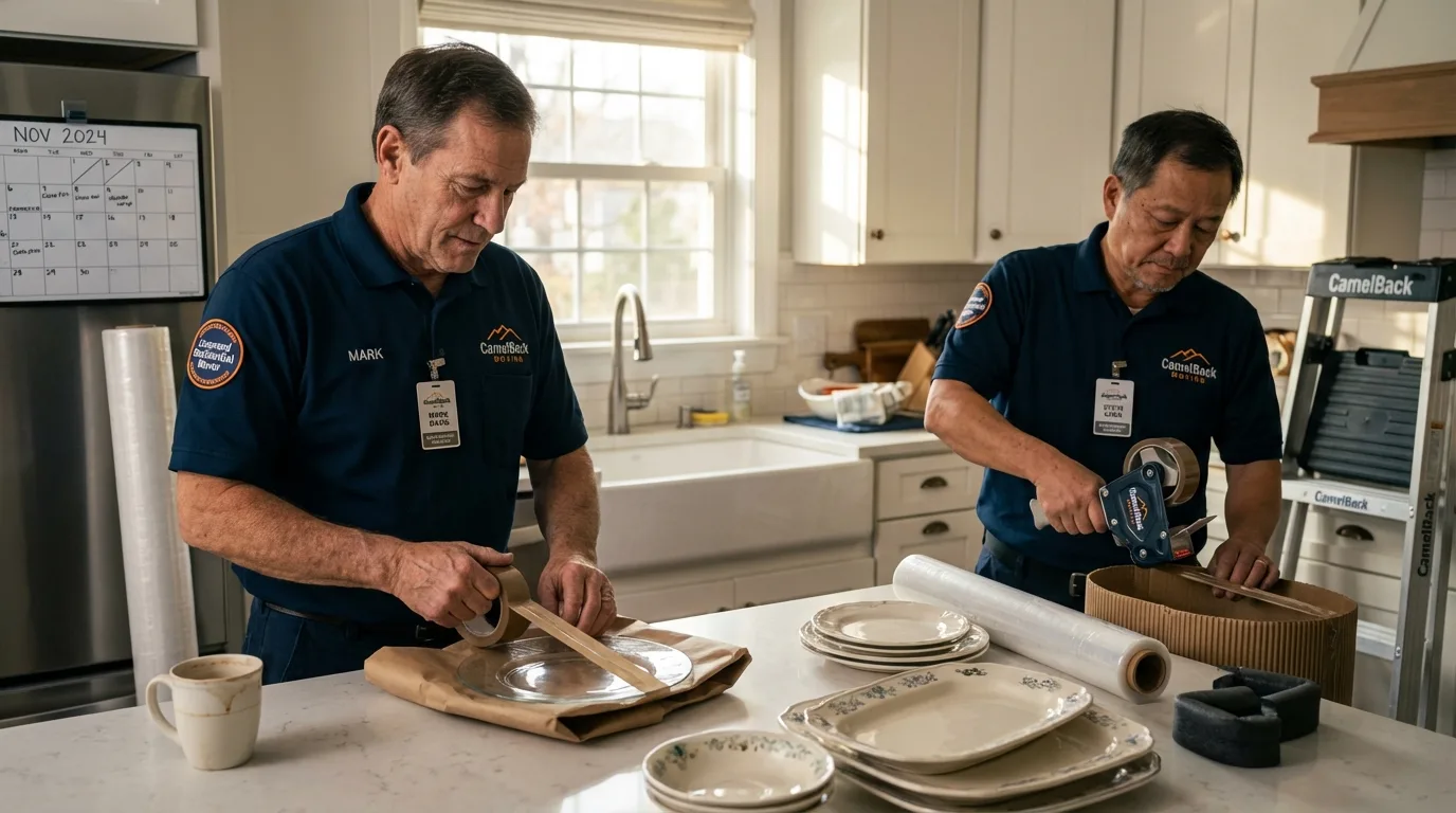 Professional crew packing kitchen dishware in Farmersville, OH