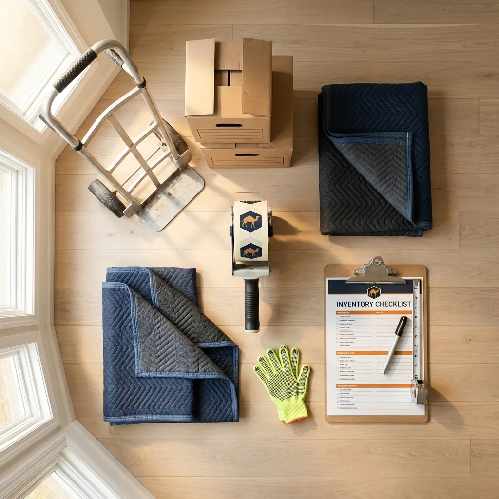 Professional moving supplies and packing materials layout for Farmersville residential relocations